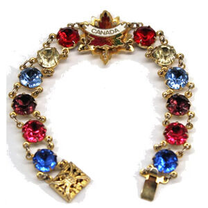 Vintage Souvenir Canada Rhinestone Bracelet Maple Leaf Red Pink Blue Purple 7.5"